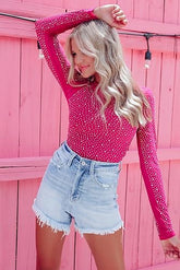 Women Rhinestone Long Sleeve Thong Shirt